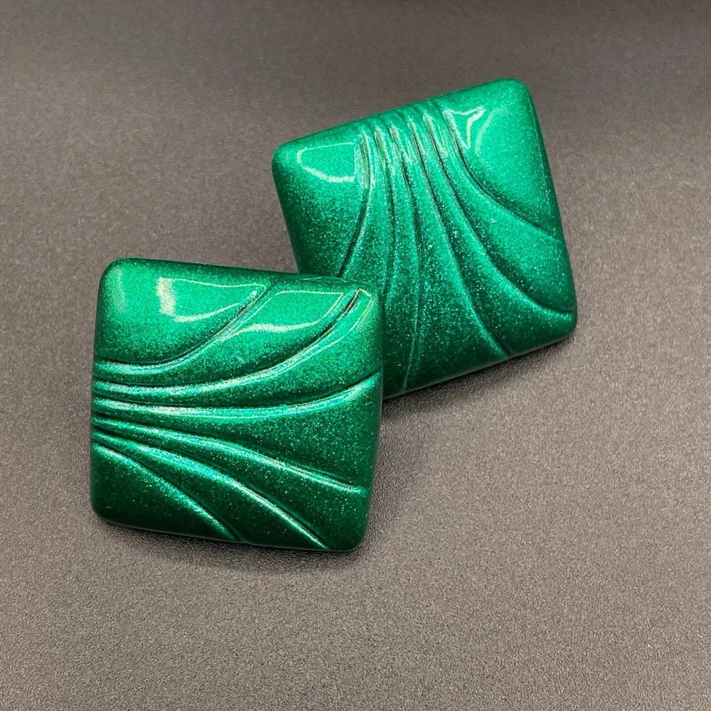 VTG Metallic Green Square Statement Abstract Swirl Clip-On Earrings Boho Retro‎